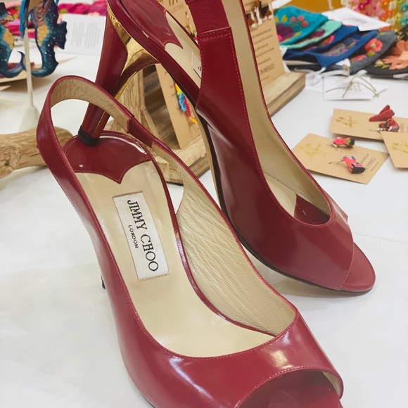JIMMY CHOO Red Patent Leather Peep Toe Sling Back Pumps Gold Heel Sz 39 US 9 - Picture 7 of 13